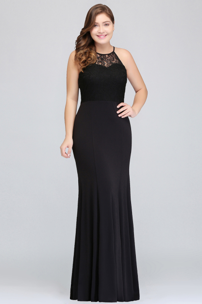 Plus Size Black Halter Spaghetti Straps Floor-length Ruffles Mermaid Prom Dress