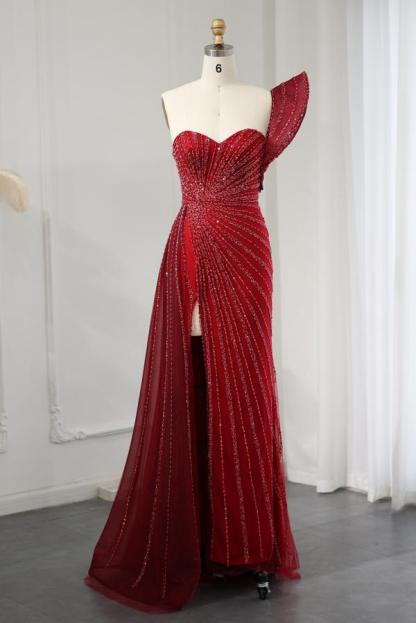Glamorous A-Line One Shoulder Sweetheart Sequined Long Prom Dress with High Split