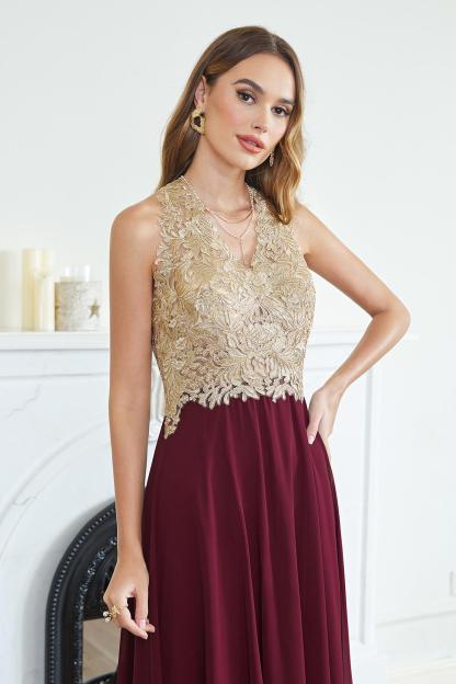 Long Halter Gold Lace Appliques A-line Chiffon Formal Evening Dress