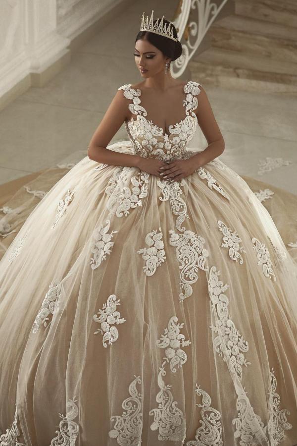 Elegant Ball Gown Off The Shoulder V Neck Tulle Appliques Lace Long Wedding Dress