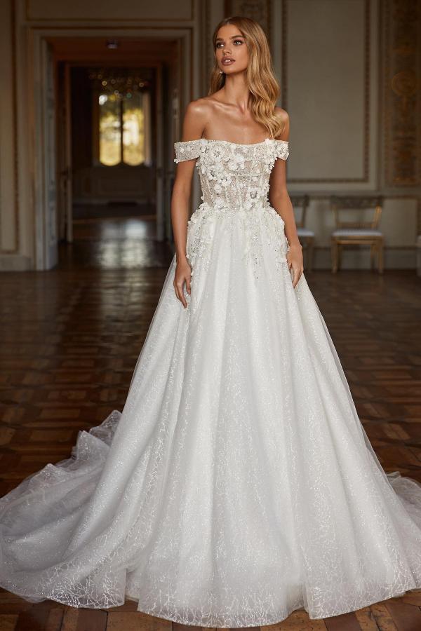 Charming Long A-line Off the Shoulder Glitter Tulle Lace Wedding Dress