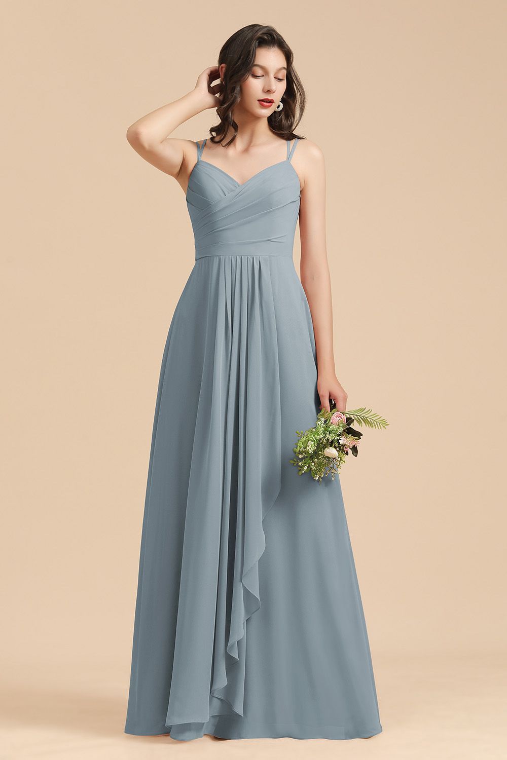 Long A-line V-Neck Chiffon Bridesmaid Dress Dusty Blue Wedding Guest Dress