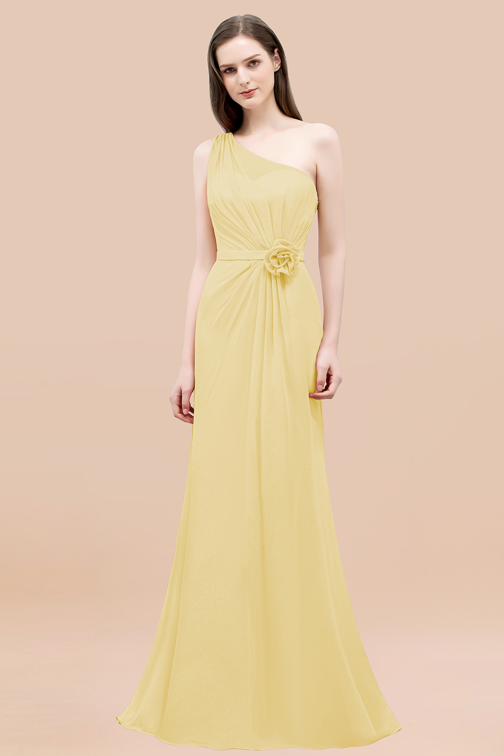 Mermaid Chiffon One-shoulder Sleeveless Ruffled Floor-Length Bridesmaid Dresses with Flower