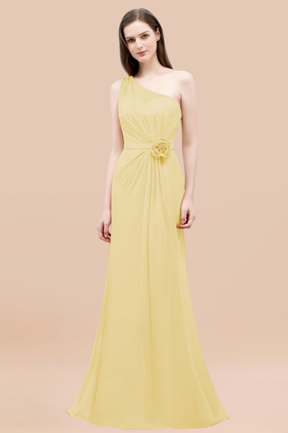 Mermaid Chiffon One-shoulder Sleeveless Ruffled Floor-Length Bridesmaid Dresses with Flower