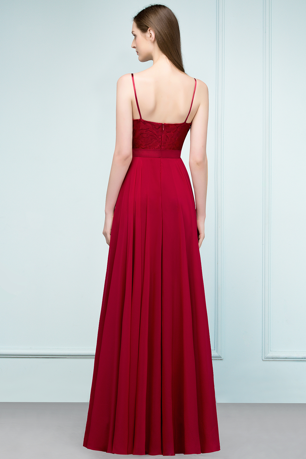 Long Chiffon A-line Lace Burgundy Evening Formal Dress