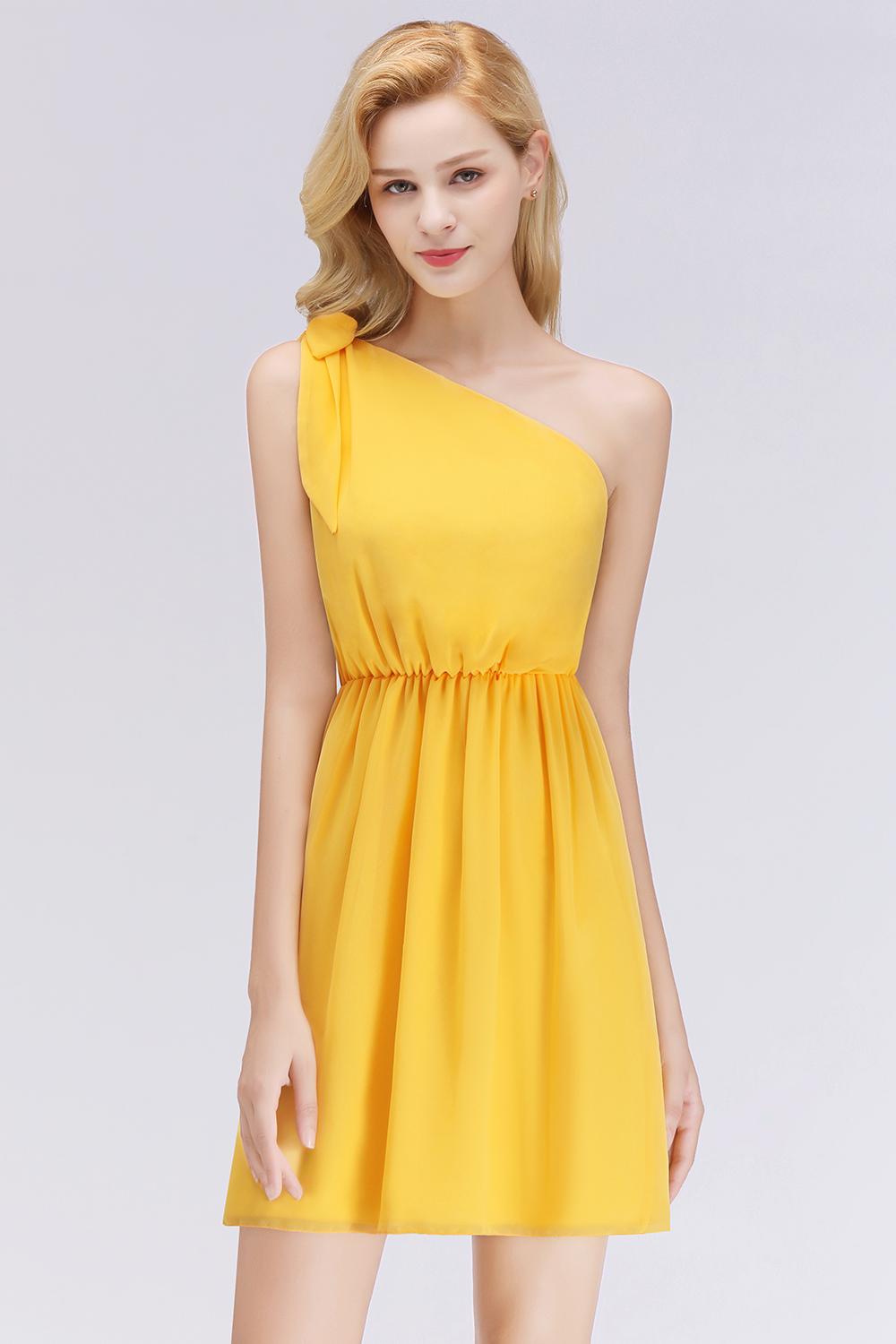 BM0039 Elegant Chiffon One-Shoulder Sleeveless Ruffles Short Bridesmaid Dresses with Bow