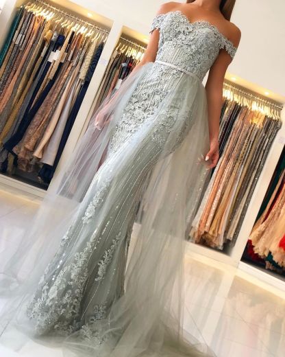 Modest Long Mermaid Off-the-shoulder Glitter Prom Dress