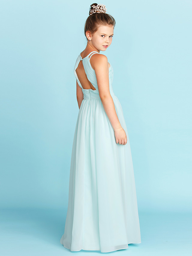 Princess / A-Line Jewel Neck Floor Length Chiffon Junior Bridesmaid Dress With Ruched / Side-Draped / Wedding Party / Open Back