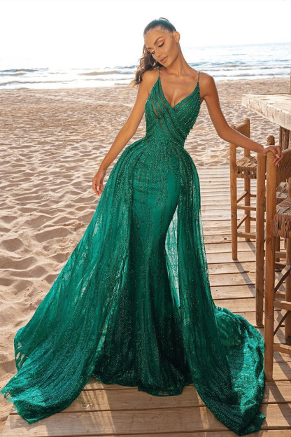 Amazing Long Mermaid Spaghetti Straps V-neck Beading Prom Dress With Tulle Train