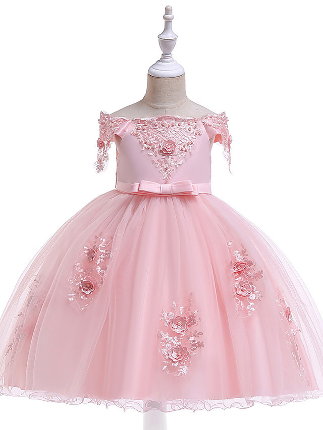 Princess Above Knee Wedding / Party / Pageant Flower Girl Dresses - Satin / Tulle Short Sleeve Off Shoulder With Lace / Beading / Appliques