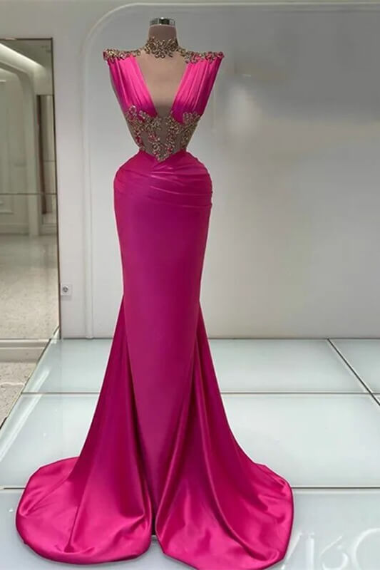 V-Neck Mermaid Portrait Sleeveless Satin Appliques Lace Prom Dress