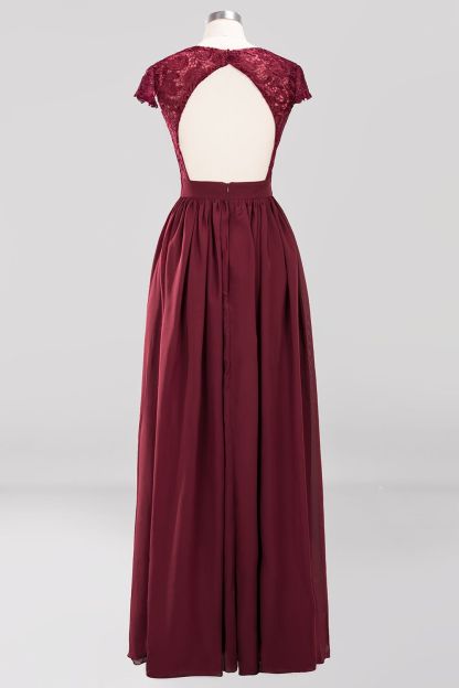 A-line Chiffon Lace V-Neck Sleeveless Floor-Length Bridesmaid Dresses with Ruffles