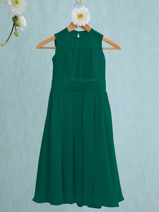 Sky Blue Long A-line Jewel Neck Knee Length Chiffon Junior Bridesmaid Dress