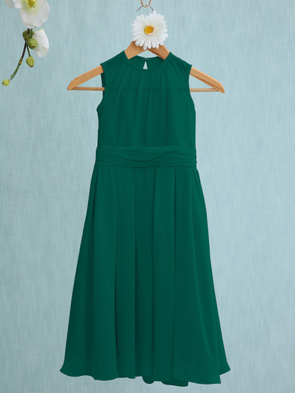 Sky Blue Long A-line Jewel Neck Knee Length Chiffon Junior Bridesmaid Dress