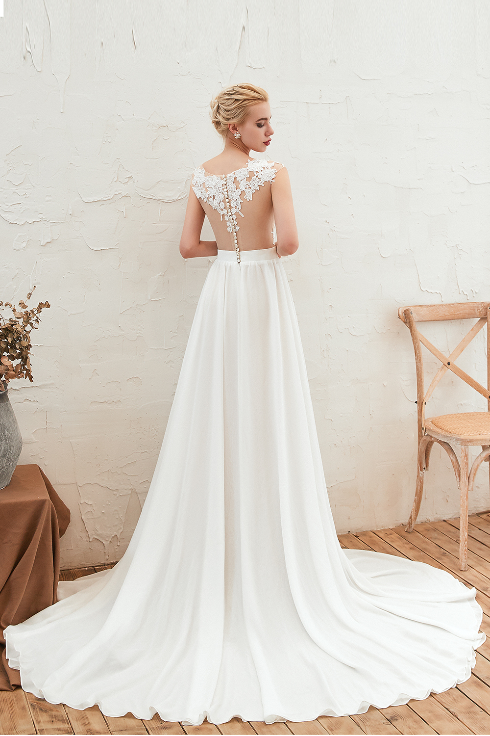 Long Tulle High Slit Appliques Lace Chiffon A-line Wedding Dress