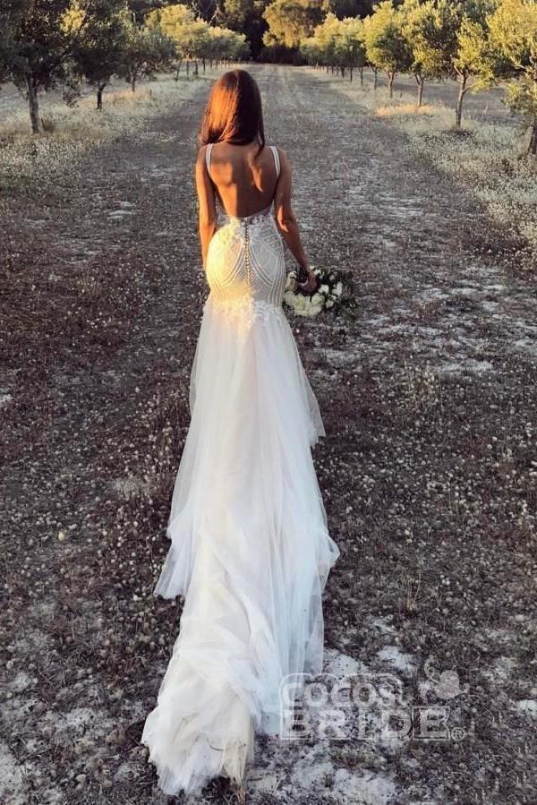 Vintage Long Mermaid V Neck Backless Tulle Wedding Dress