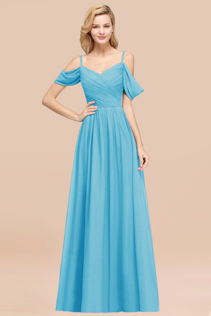 A-Line Chiffon V-Neck Spaghetti Straps Short-Sleeves Floor-Length Bridesmaid Dresses with Ruffles