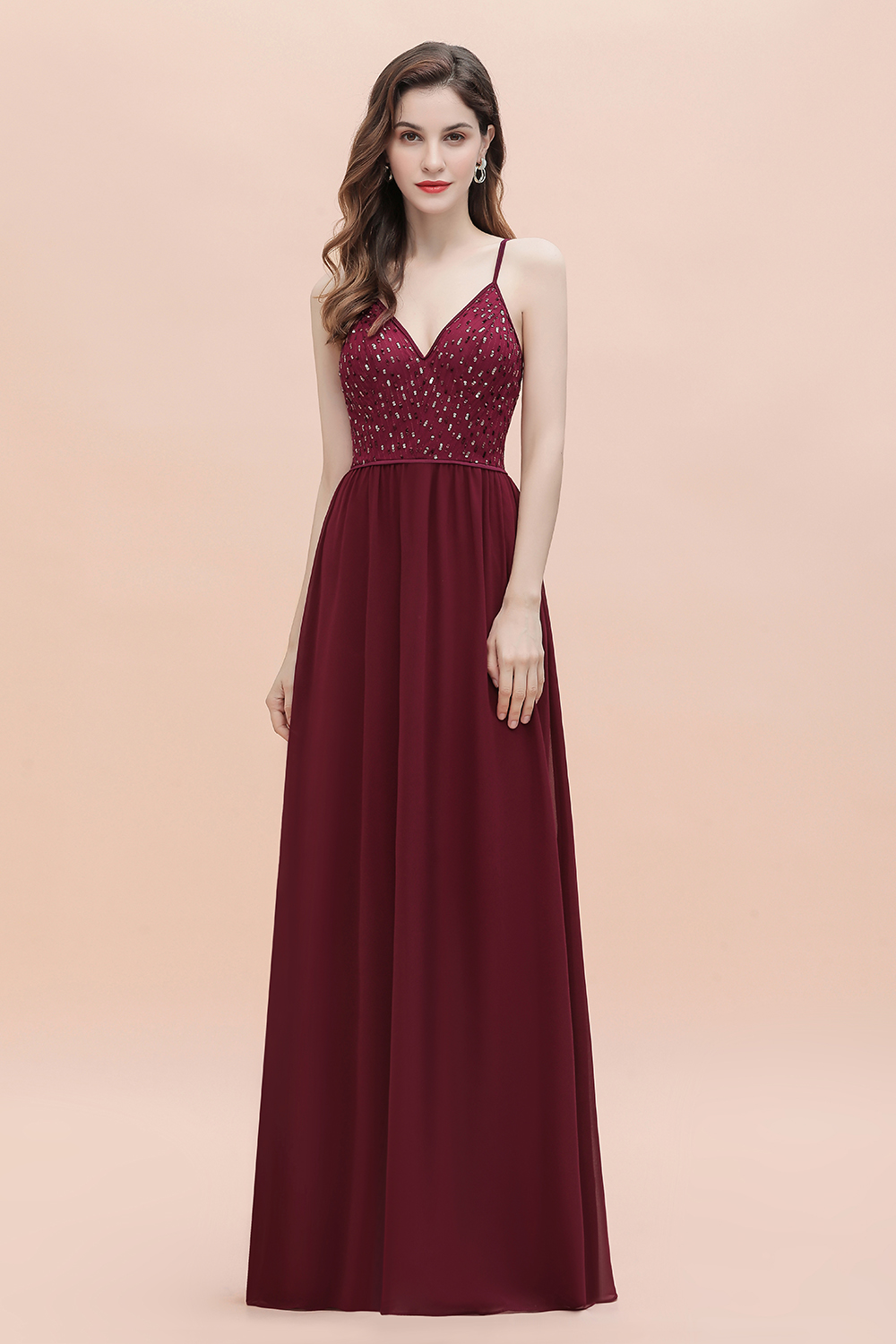 Long V-Neck Spaghetti Straps A-line Chiffon Burgundy Bridesmaid Dress