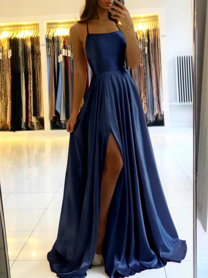 Sage A-line Spaghetti Straps Satin Open Back Long Prom Dress with Side Slit