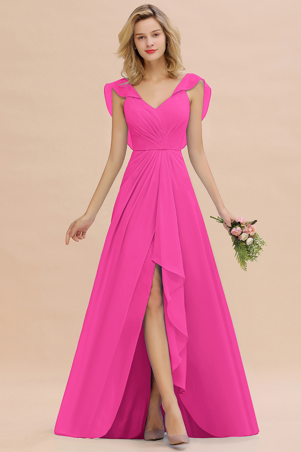 BM0777 Simple Hi-Lo V-Neck Ruffles Long Bridesmaid Dress