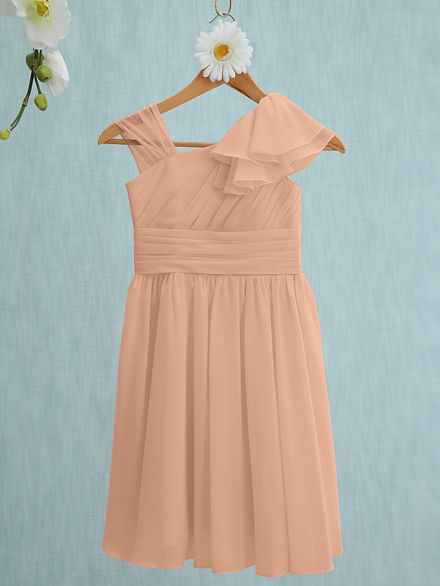 Sheath / Column Straps Knee Length Chiffon Junior Bridesmaid Dress With Ruffles / Side Draping / Natural