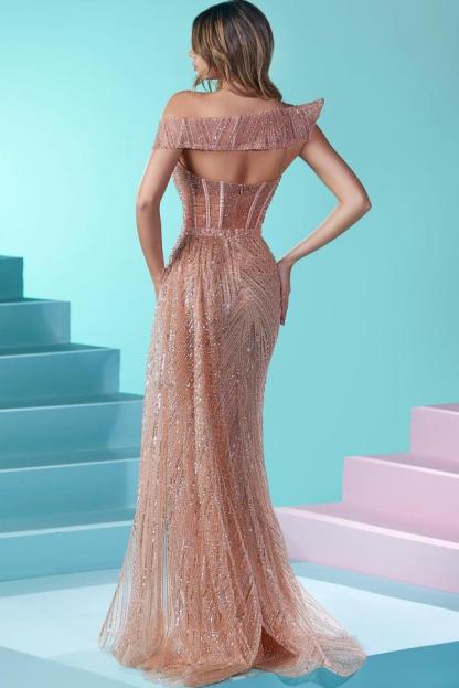 Elegant Long Mermaid Off the shoulder Sweetheart Beading Prom Dresses with Slit