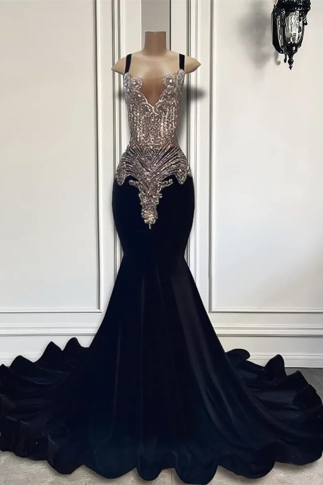 Long Velvet Appliques Spaghetti Straps Mermaid Prom Dress with Beads