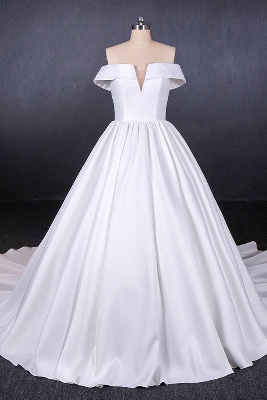 Elegant Off the Shoulder Satin Ball Gown Long Train Wedding Dress