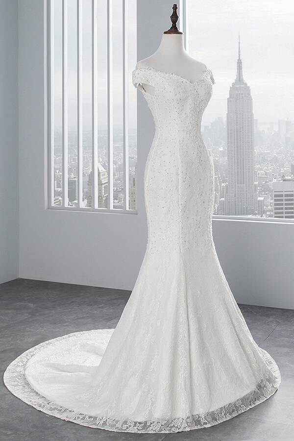 Long Off the Shoulder Lace-up Mermaid Lace Wedding Dress