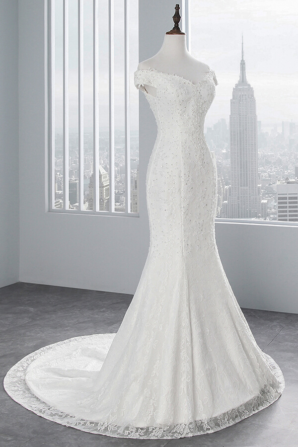 Long Off the Shoulder Lace-up Mermaid Lace Wedding Dress