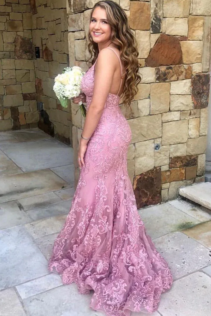 Long Mermaid V-neck Spaghetti Straps Lace Backless Prom Dress