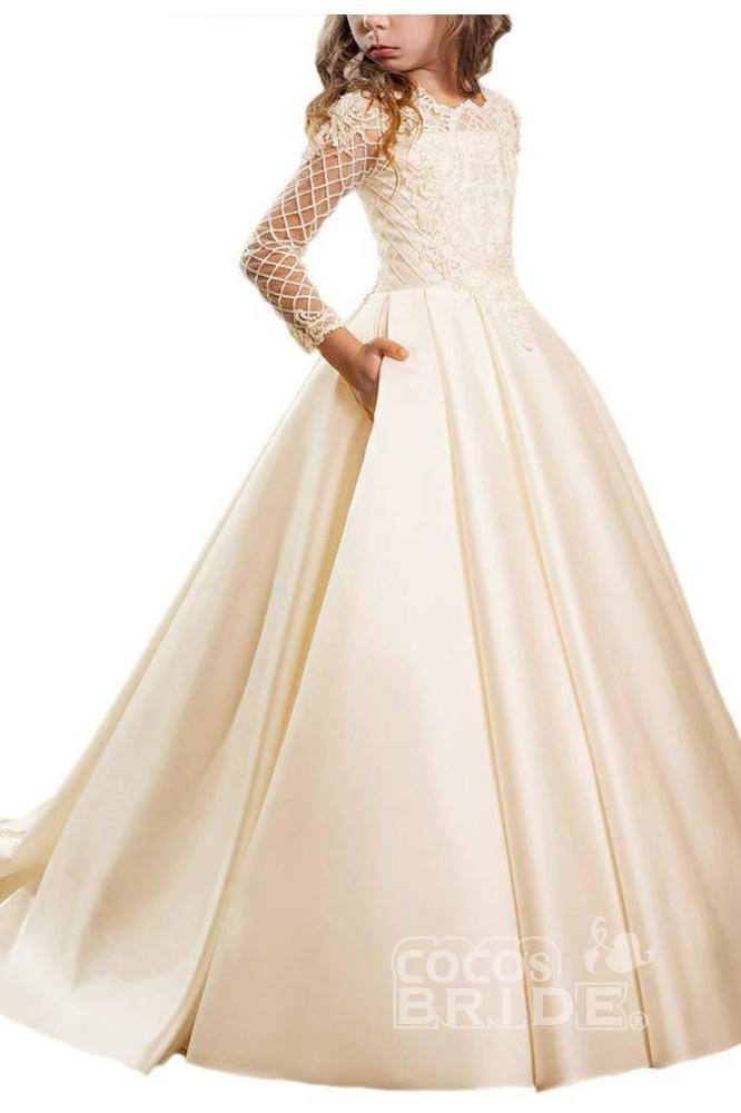 White Scoop Neck Long Sleeves Ball Gown Flower Girls Dress