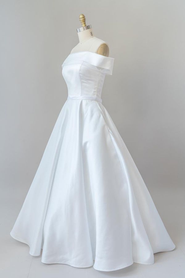 Elegant Long Off the Shoulder Satin A-line White Wedding Dress