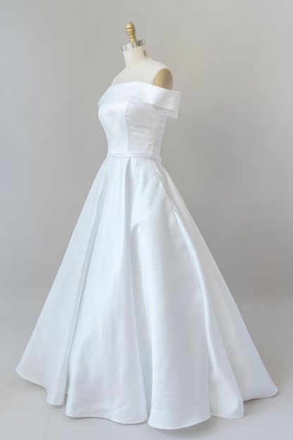 Elegant Long Off the Shoulder Satin A-line White Wedding Dress