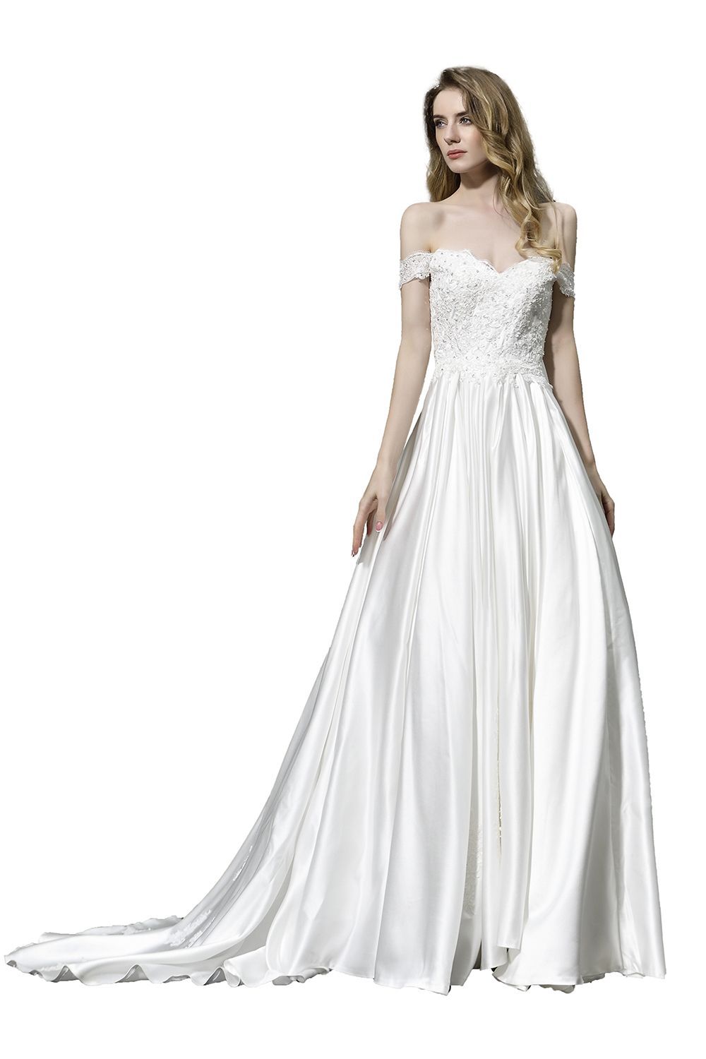 Elegant Long A-line Off the Shoulder Lace Satin Wedding Dresses