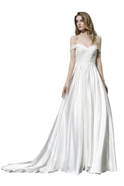 Elegant Long A-line Off the Shoulder Lace Satin Wedding Dresses