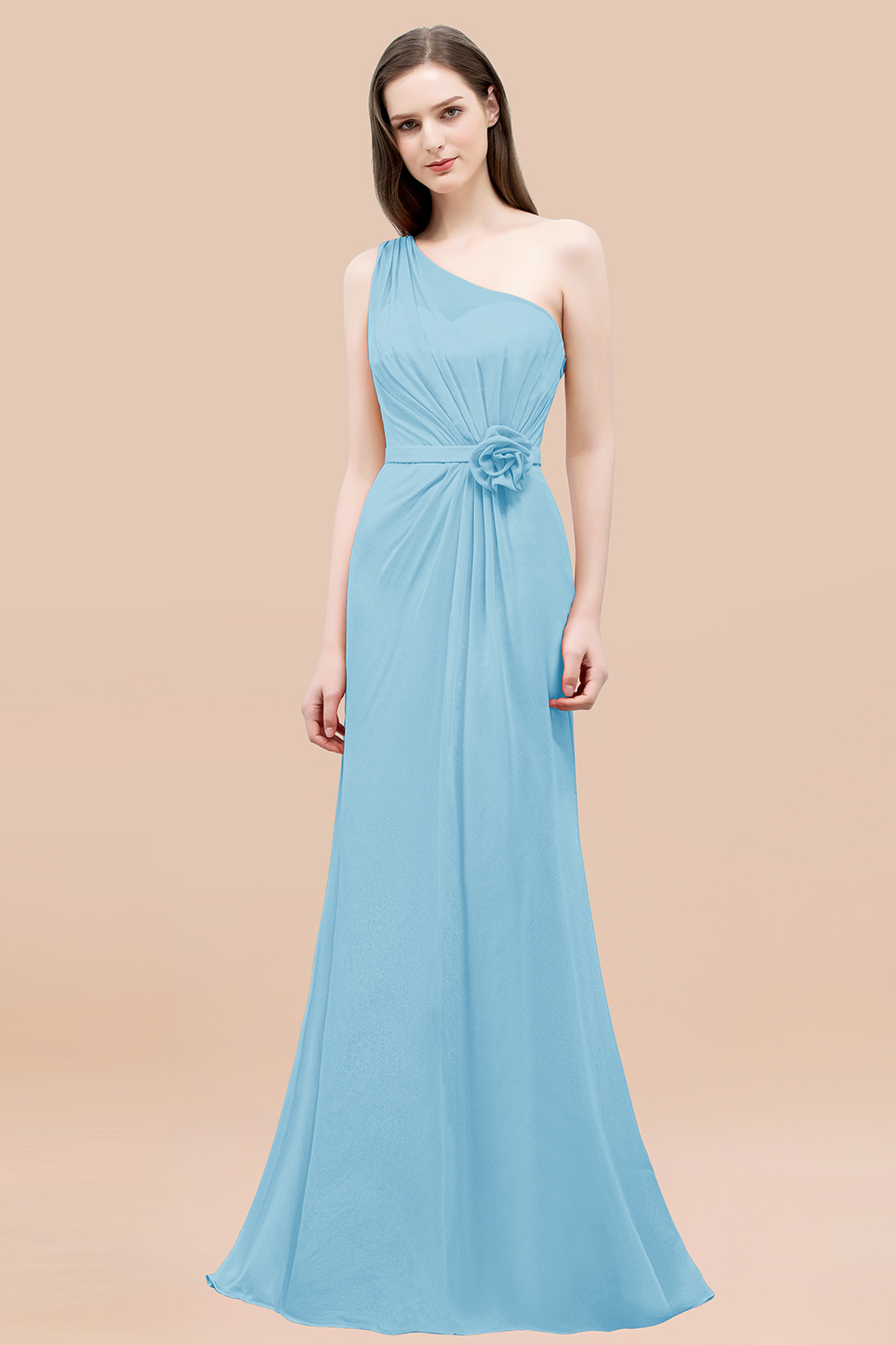 Mermaid Chiffon One-shoulder Sleeveless Ruffled Floor-Length Bridesmaid Dresses with Flower