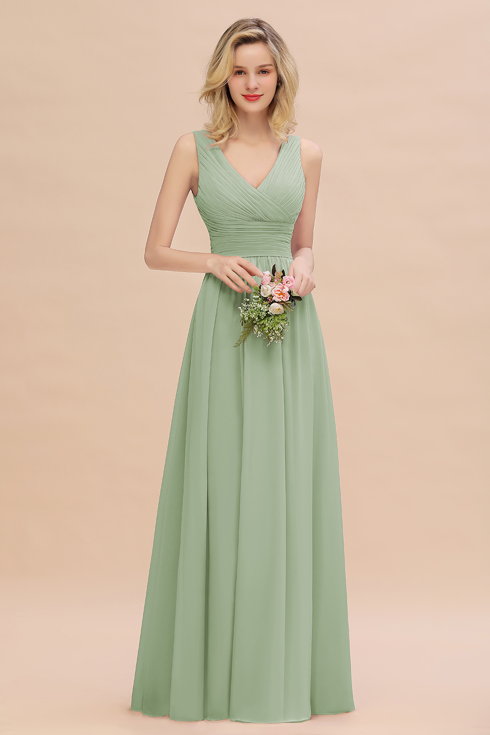 Elegant A-line V-Neck Ruffles Long Bridesmaid Dress