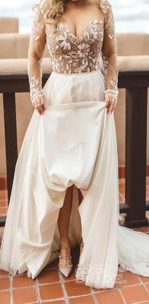Charming A-line Sweetheart Chiffon Beading Long Sleeves Wedding Dress COCOSBRIDE Charming A-line Sweetheart Chiffon Beading Long Sleeves Wedding Dress COCOSBRIDE