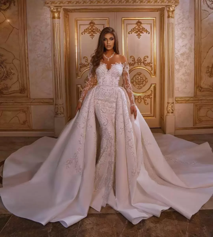 Luxurious Long Mermaid Sweetheart Satin Sweep Train Floral Appliques Wedding Dress with Sleeves
