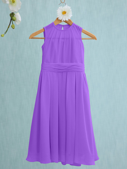 Sky Blue Long A-line Jewel Neck Knee Length Chiffon Junior Bridesmaid Dress