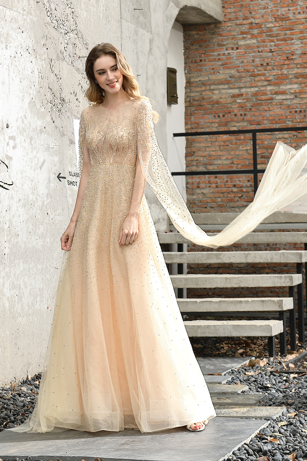 Luxury Shawl Sequined A-line Long Prom Dress
