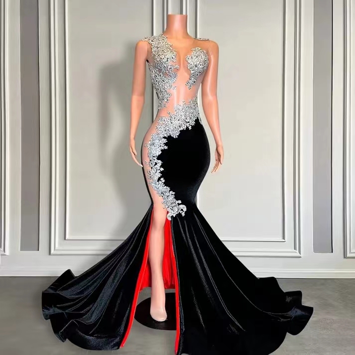 Long Mermaid Sweetheart Sleeveless Velvet Prom Dresses with Slit