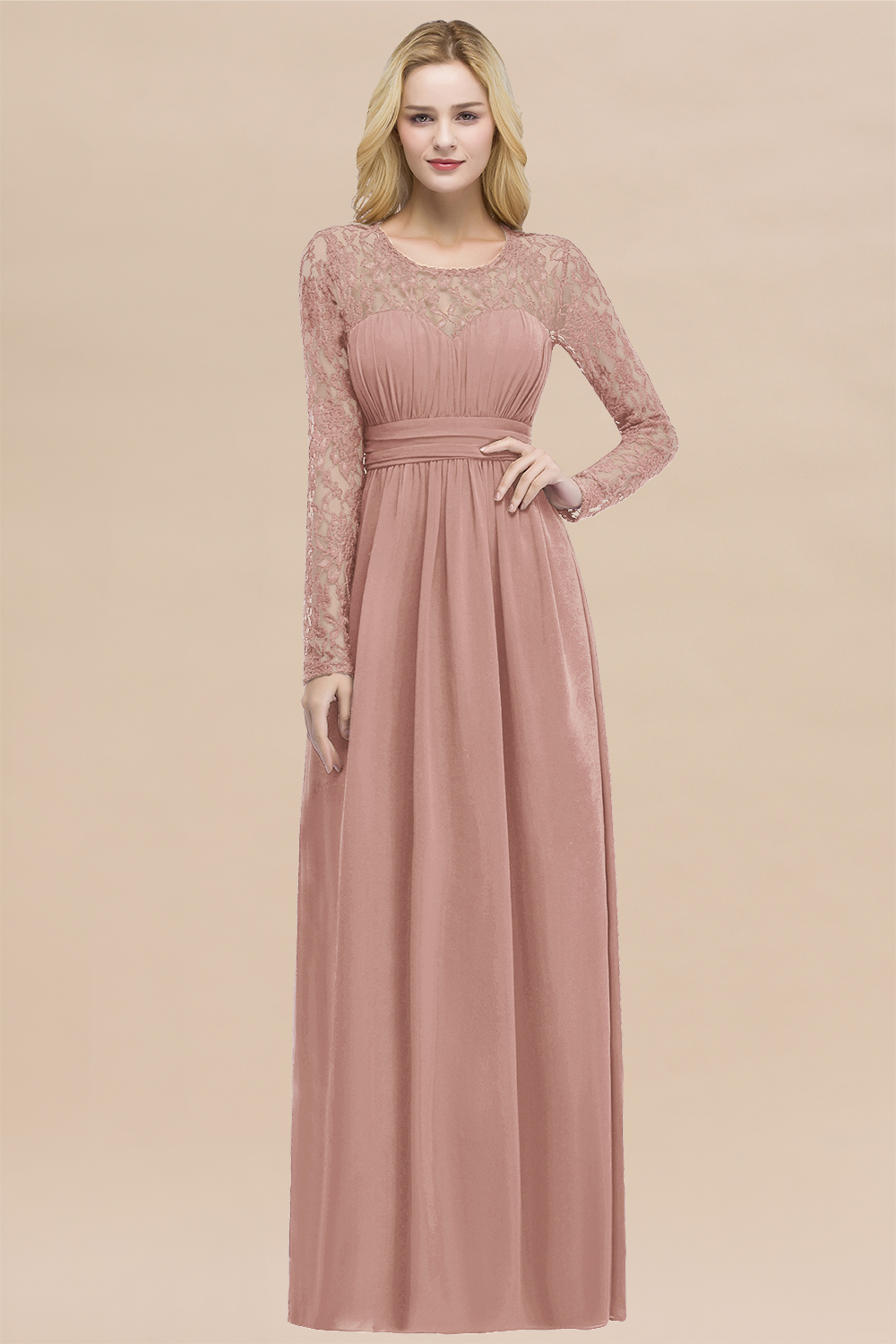 Elegant A-Line Chiffon Jewel Long Sleeves Ruffles Floor-Length Bridesmaid Dresses