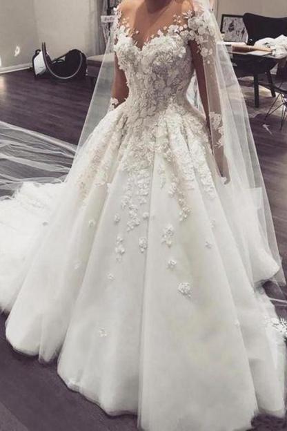 Elegant Bateau Long Sleeve Appliques Lace A-Line Floor-length Wedding Dress