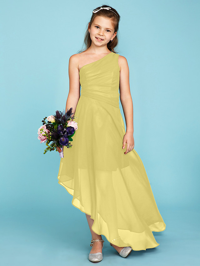 A-Line One Shoulder Asymmetrical Chiffon Junior Bridesmaid Dress With Side Draping / Wedding Party