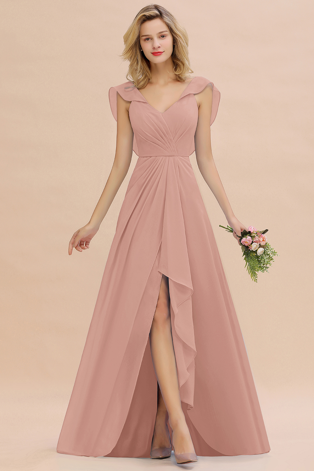 Simple High Low A-line V-Neck Ruffles Chiffon Dusty Rose Bridesmaid Dress
