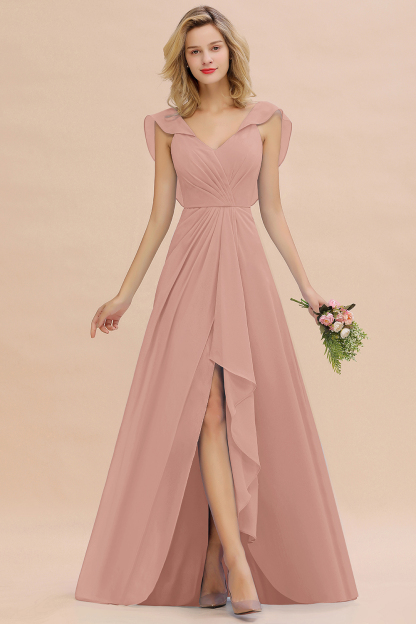 BM0777 Simple Hi-Lo V-Neck Ruffles Long Bridesmaid Dress