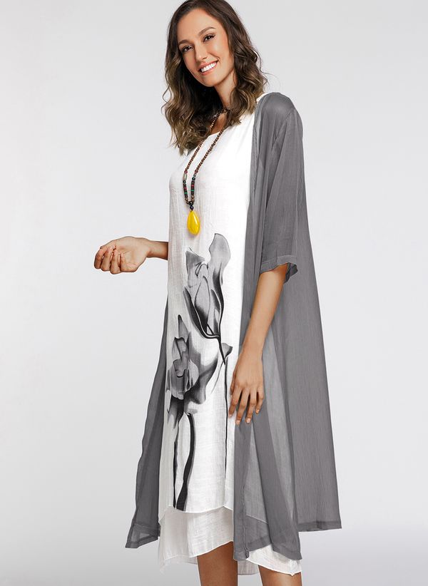 Floral Wrap Round Neckline Midi X-line Dress