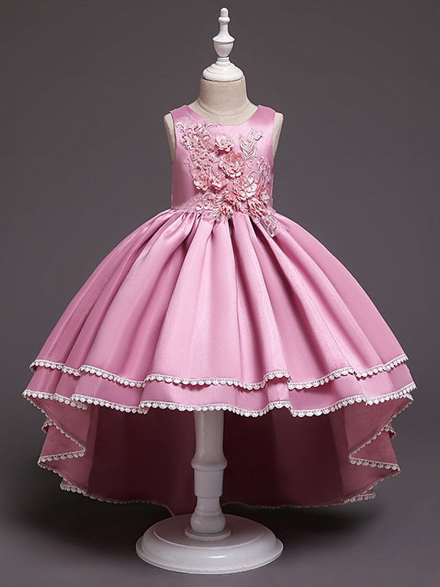Princess Asymmetrical Wedding / Party / Pageant Flower Girl Dresses - Satin / Tulle Sleeveless Jewel Neck With Lace / Belt / Appliques